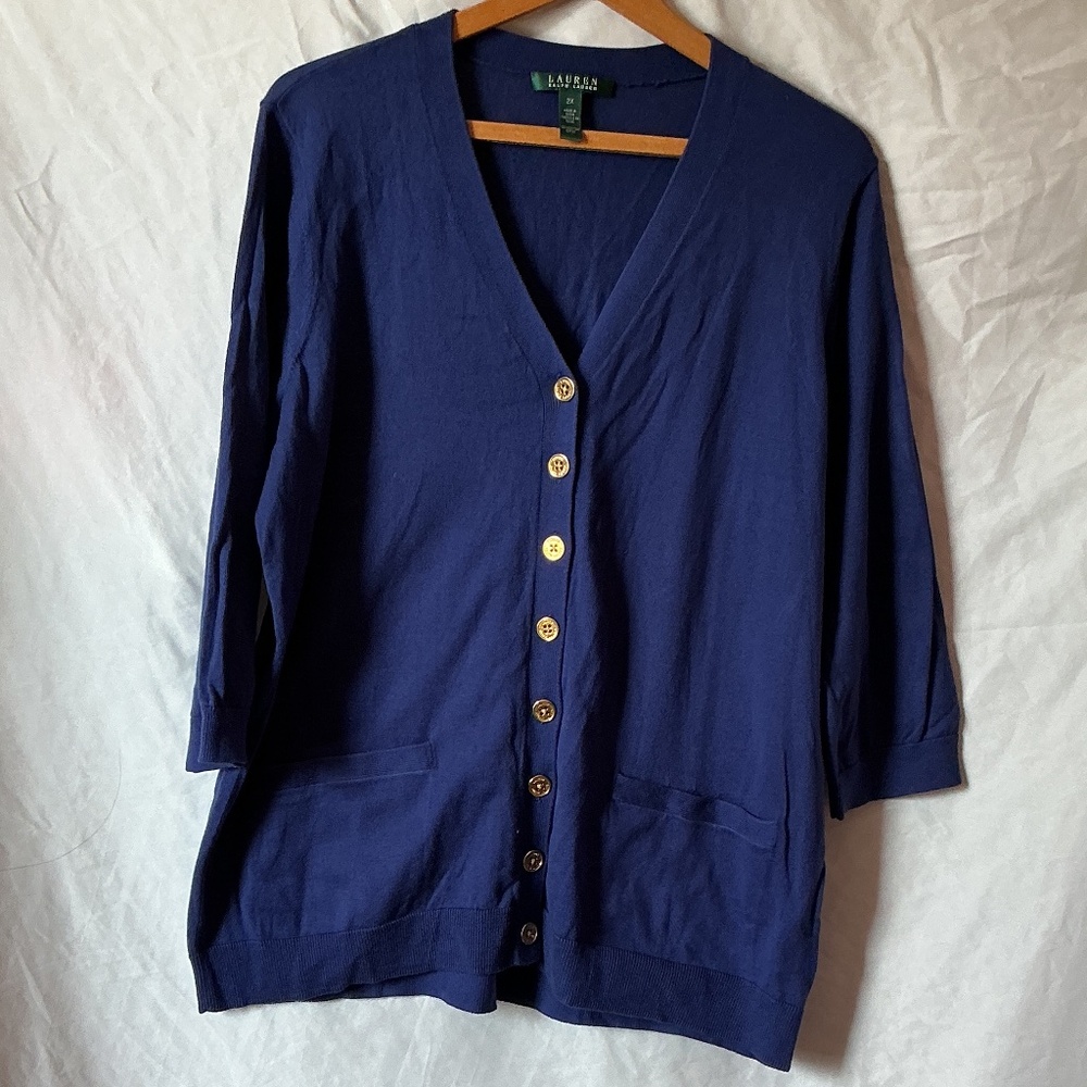 NWOT Lauren Ralph Lauren blue cardigan sweater 3/4 sleeves size   2X.